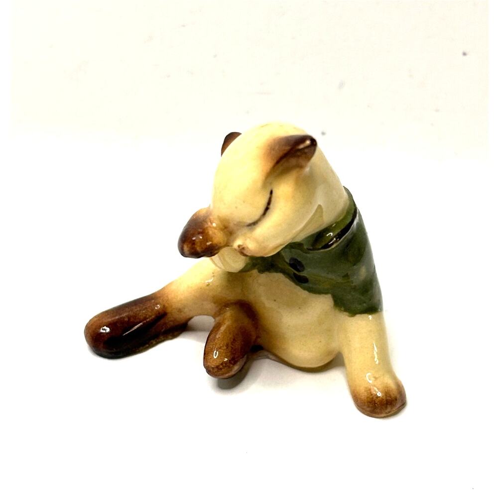 Hagen Renaker Mini Figurine Vntg 90s Siamese Kitty Green Sweater Cleaning